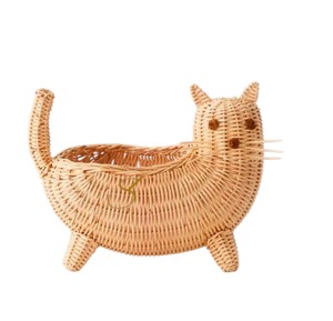 Rattan Cat Storage <b>Basket</b> Woven Animal Shaped Toy Organizer Bin Cute Cat Lovers <b>Gift</b> Decorative Tabletop Hamper - Product Image 1