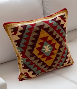 Modern Square Geometric Design <b>Wool</b> Kilim Handmade Eco-Friendly Reversible Washable Customizable Cushion Cover <b>Red</b> Multi-Colour - Product Image 3