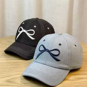 White Cotton Baseball Cap With <b>Navy</b> Bow Embroidery Adjustable For Women Spring Summer Fashion Casual <b>Hat</b> - Product Image 3
