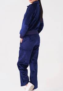<b>Women's</b> Blue Velour Tracksuit <b>Half</b> <b>Zip</b> Hooded <b>Sweatshirt</b> and Wide Leg Pants Set for Autumn Winter - Product Image 3