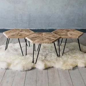 Table basse hexagonale en bois massif avec pieds en métal noir, tabouret compact pour petit espace, table centrale pour salon, chambre, style ferme - Product Image 1