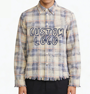 เสื้อเชิ้ตผ้าแฟลนเนลลายสก็อตแขนยาวสำหรับผู้ชาย ปกคอปกแบบพับได้ สไตล์ลำลองสำหรับฤดูใบไม้ร่วง ผ้าฝ้าย 100% กันยับ ลายพิมพ์แบบดิสเทรส - Product Image 2