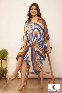 Vestido Largo Kaftan para Mujer HitJem Export, Azul Estampado, Cuello en V, Largo hasta la Rodilla, Casual, de Rayón, Corte en A, Estilo Wrap & Tie para Verano - Product Image 5