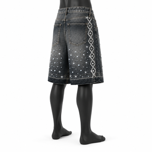 Shorts en jean personnalisés brodés de strass pour hommes, style vintage délavé, coupe ample, streetwear, OEM ODM, vente en gros - Product Image 4