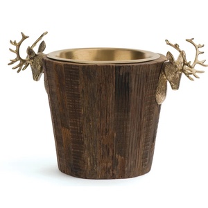 Luxury Stag Head Wooden Ice Bucket Rustic Reindeer Antler Handle <b>Wine</b> Chiller Handcrafted Wood & Brass Metal Champagne Tub for - Product Image 1