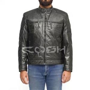 เสื้อแจ็คเก็ตหนังสีดำสไตล์คาเฟ่เรเซอร์สำหรับผู้ชาย พร้อมกระเป๋าซิปและปกเสื้อแบบกระดุม - Product Image 6