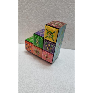 Boîtes de rangement miniatures en bois carrées peintes à la main, ensemble de 6 (art indien traditionnel) - Product Image 2