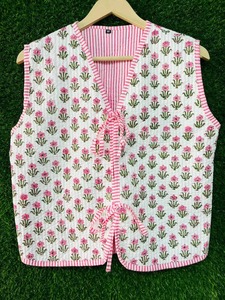 Chaleco de algodón con bordado floral a mano para mujer, cuello en V, sin mangas, informal, con forro interior a rayas - Product Image 3