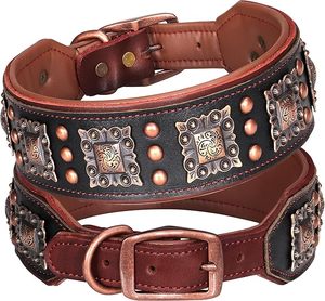 Collier pour chien en cuir, décoré de rivets cloutés, style classique, fermeture à boucle, toutes saisons, couleur rouge brun - Product Image 1