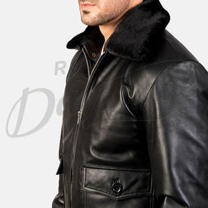 Blouson aviateur homme noir en similicuir de qualité supérieure avec col en fourrure amovible, coupe ajustée, pour l'hiver - Product Image 3