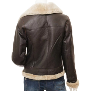 Women's Genuine <b>Sheepskin</b> Leather Bomber <b>Jacket</b> With Fur Trim Winter Coat Full Sleeve Zipper Closure Thick Windproof Style - Product Image 3