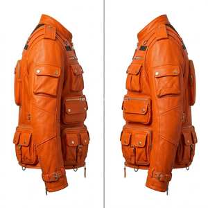 Custom <b>Mens</b> Orange Multi Pocket <b>Utility</b> Leather <b>Jacket</b> Wholesale High Quality Streetwear Outerwear Supplier OEM Manufacture - Product Image 4