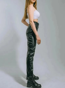 Pantalon en cuir PU noir ample pour femme, taille mi-haute, avec fermetures éclair et poches, collection 2026 - Product Image 5