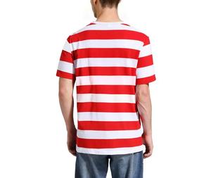 T-shirt décontracté à manches courtes et col rond pour homme, tricoté, coupe régulière, avec logo frontal rayé rouge et blanc, éco-responsable - Product Image 3