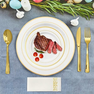 175 pezzi Set di stoviglie monouso oro oro cerchio piatti di plastica tazze cucchiaio forchetta coltello tovaglioli di carta per festa di laurea di nozze - Product Image 5