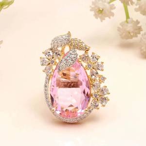 Bague en quartz rose plaqué or et argent avec CZ, bague florale à motif de paon, bijoux indiens traditionnels - Product Image 1