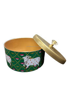 Wholesale Indian Pichwai Cow Enamel Printed Flat <b>Storage</b> Jar Metal Container Gold Lid Crystal Knob Bulk - Product Image 2