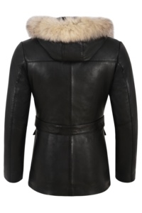 Women's Genuine <b>Leather</b> Bomber <b>Jacket</b> With Fur Hood Zipper Closure <b>Winter</b> Windproof Regular Length Solid Color - Product Image 2