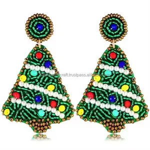 Christmas earrings Christmas tree earrings Seed bead embroidery earrings Holiday jewelry Handcrafted