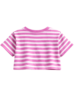 Ensemble crop top et short rayé rose et blanc personnalisé pour femme – Tenue décontractée d'été deux pièces avec taille élastique – Vêtements de détente et streetwear OEM - Product Image 5