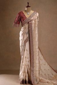 Elegante Saree de Seda Color Champán con Blusa Floral de Diseñador, para Bodas y Fiestas, Saree Tradicional Indio para Mujer - Product Image 2