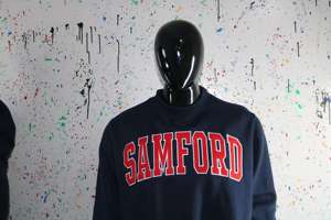 SAMFORD BLUE <b>Mock</b> <b>Neck</b> Sweatshirt 100% RED Applique Embroidery wide <b>neck</b> Sweatshirt Finer Threads - Product Image 4