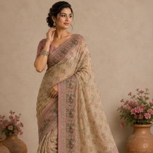 Elegant Women's Pure Soft Linen Cotton Silk <b>Saree</b> Khatli Kut Dana Handwork Designer <b>Blouse</b> Royal Export Wedding Summer Winter - Product Image 1