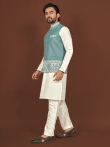Kurta Blanca para Hombre con Chaleco Bordado en Verde Azulado, Traje Tradicional Indio para Boda, Corte Regular, Ropa Étnica de Algodón - Product Image 2