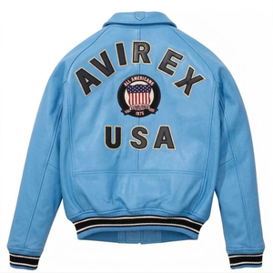 เสื้อแจ็คเก็ตสีฟ้าอ่อนสำหรับผู้ชายยี่ห้อ Avirex พร้อมดีไซน์ปักลาย ป้ายปัก คอปกแบบพับได้ ปิดด้วยซิป สไตล์ Preppy - Product Image 2