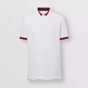 Polo à manches courtes blanc pour homme avec col et poignets à bordure rouge, coupe classique, décontracté, en coton piqué, couleur unie - Product Image 4
