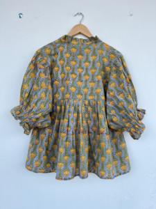 Blusa de Mujer Vintage con Estampado Geométrico Amarillo, 100% Algodón, Estampado a Mano, Ligera, Holgada, Estilo Boho, Cómoda para el Verano - Product Image 5