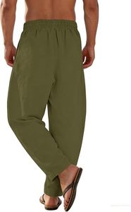 Men's Olive Green <b>Harem</b> Pants Elastic Waist Lightweight Cotton Casual Summer <b>Trousers</b> - Product Image 3