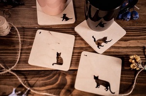 <b>Cat</b> Silhouette Laser Cut Solid Wood Coaster Handcrafted Heat Resistant Drink <b>Mat</b> Table Protector Coffee Tea Cup Holder Home Deco - Product Image 3