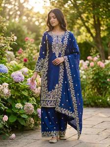 Pure GMY Silk Embroidered <b>Kurti</b> with Heavy Sequence Work Full Sleeves Matching Fully Stitched Plazzo and Lace Border Dupatta Set - Product Image 4