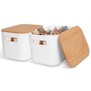 2pcs <b>Stackable</b> Plastic <b>Storage</b> <b>Container</b> with Bamboo Lid Accessory Holder for Bedroom K <b>Storage</b> Bins <b>Storage</b> Boxes & Bins - Product Image 1