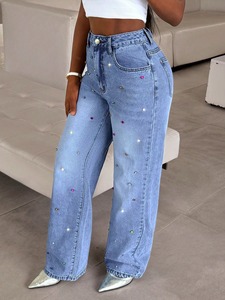 Jean en denim pour femme, taille mi-haute, coupe droite large, 100% coton, séchage rapide, respirant, fermeture boutonnée – Meilleures ventes hiver - Product Image 4