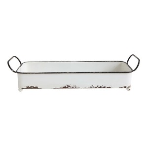 Bandeja de Servir de Metal Esmaltado Blanco Rústico con Acabado Desgastado y Asas Negras para Decoración del Hogar Estilo Granja - Product Image 1