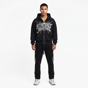 Ensemble de survêtement homme OEM personnalisé, style streetwear, avec sweat à capuche zippé et pantalon de survêtement, orné de strass, effet délavé à l'acide et délavé soleil - Product Image 1