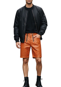 กางเกงขาสั้นหนังสีส้มสำหรับผู้ชาย มีซิปผ่าหน้า เอวกลาง สไตล์ลำลอง กางเกงเบอร์มิวด้าสำหรับผู้ชาย - Product Image 5