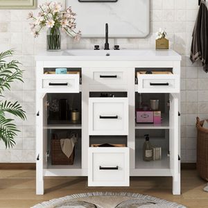 Mobile da Bagno da 36 Pollici con Lavabo Integrato in Resina, 4 Cassetti e 2 Ante - Product Image 3