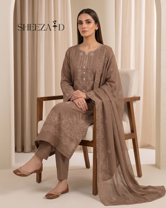 Conjunto de Shalwar Kameez de Chifón Marrón con Bordado Floral para Mujer, Traje Étnico de India y Pakistán SHEEZA.D, Algodón AMIGABLE CON LA PIEL - Product Image 1
