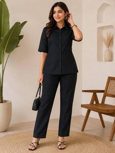 Ensemble chemise et pantalon palazzo en coton noir pour femme, style décontracté ethnique Inde Pakistan, coupe régulière, longueur cheville, toutes saisons - Product Image 2