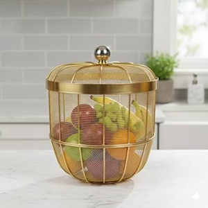Corbeille à fruits de luxe Netra en métal doré, fabriquée à la main, avec couvercle en bois amovible, bol de rangement décoratif en fil métallique pour comptoir de cuisine - Product Image 3