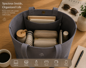 Minimalist Gray Cotton Tote <b>Bag</b> With Embroidery Front Pocket Shoulder Strap Open Top - Product Image 3