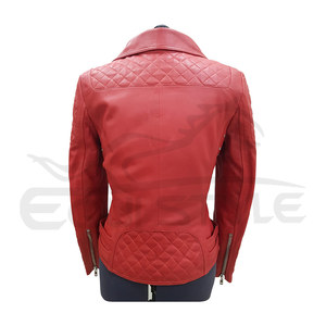 <b>Womens</b> Red Leather <b>Jacket</b> For <b>Women</b> Quilted Shoulder Panels Asymmetric Zip Long Sleeves Biker <b>Winter</b> Fashion <b>Waterproof</b> - Product Image 2