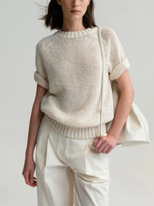 Pull en maille à manches courtes et col rond pour femme, couleur unie minimaliste, coupe classique, anti-boulochage, printemps-été - Product Image 2