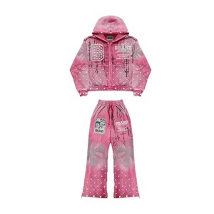 BRAND Pink Printed Hooded Sweatshirt <b>Set</b> Men Streetwear <b>Knitted</b> Polyester Spring Casual Outfit - Product Image 1