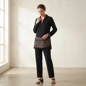Women Black Embroidered <b>Tunic</b> <b>Top</b> <b>With</b> Full <b>Sleeve</b> Bohemian Style Geometric Pattern <b>Long</b> Set Regular Fit All Seasons Wear - Product Image 5