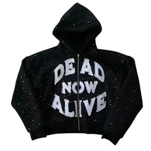 Sweat à capuche vintage oversize en coton délavé personnalisé avec logo brodé et strass, coupe droite, taille standard - Product Image 1