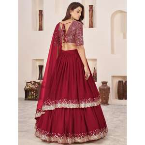 Beautiful <b>Red</b> Sequins Georgette Engagement Wear <b>Lehenga</b> Choli for <b>Wedding</b> Apparel - Product Image 4